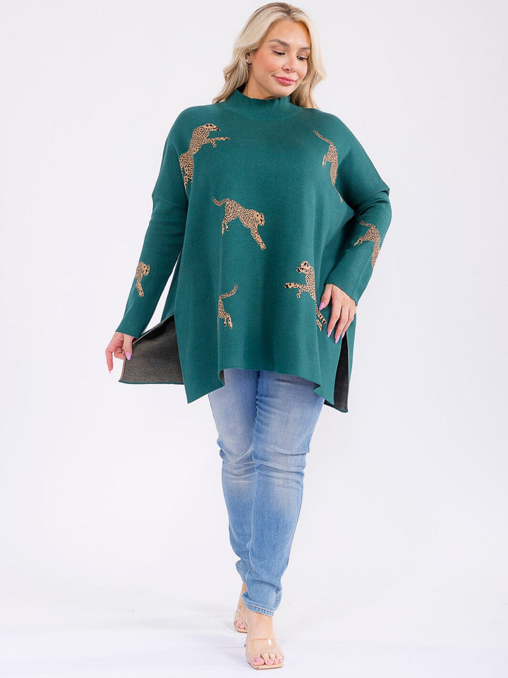 PLUS SIZE LONG SLEEVE MOCK NECK GRAPHIC PULLOVER OVERSIZED SWEATER