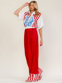 WOMEN'S SHORT SLEEVE BLOUSE & ELASTIC WAIST WIDE LEG PANTS MULTI PRINT 2PC. SET