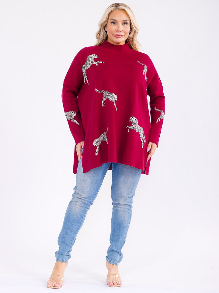 PLUS SIZE LONG SLEEVE MOCK NECK GRAPHIC PULLOVER OVERSIZED SWEATER