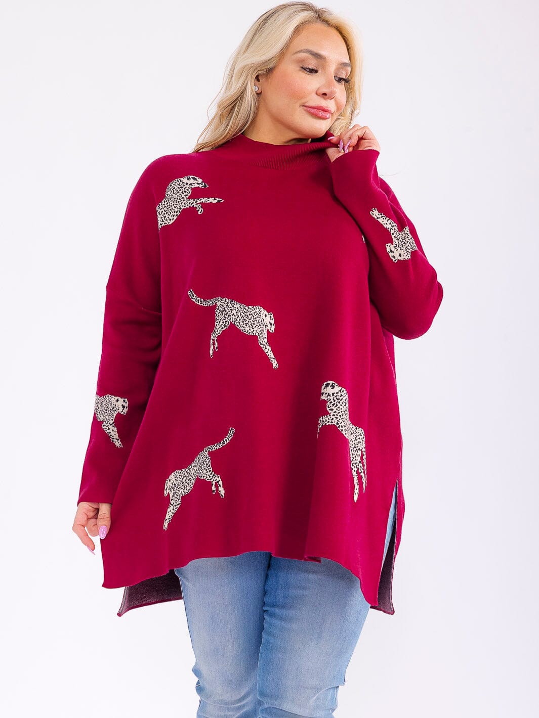 PLUS SIZE LONG SLEEVE MOCK NECK GRAPHIC PULLOVER OVERSIZED SWEATER