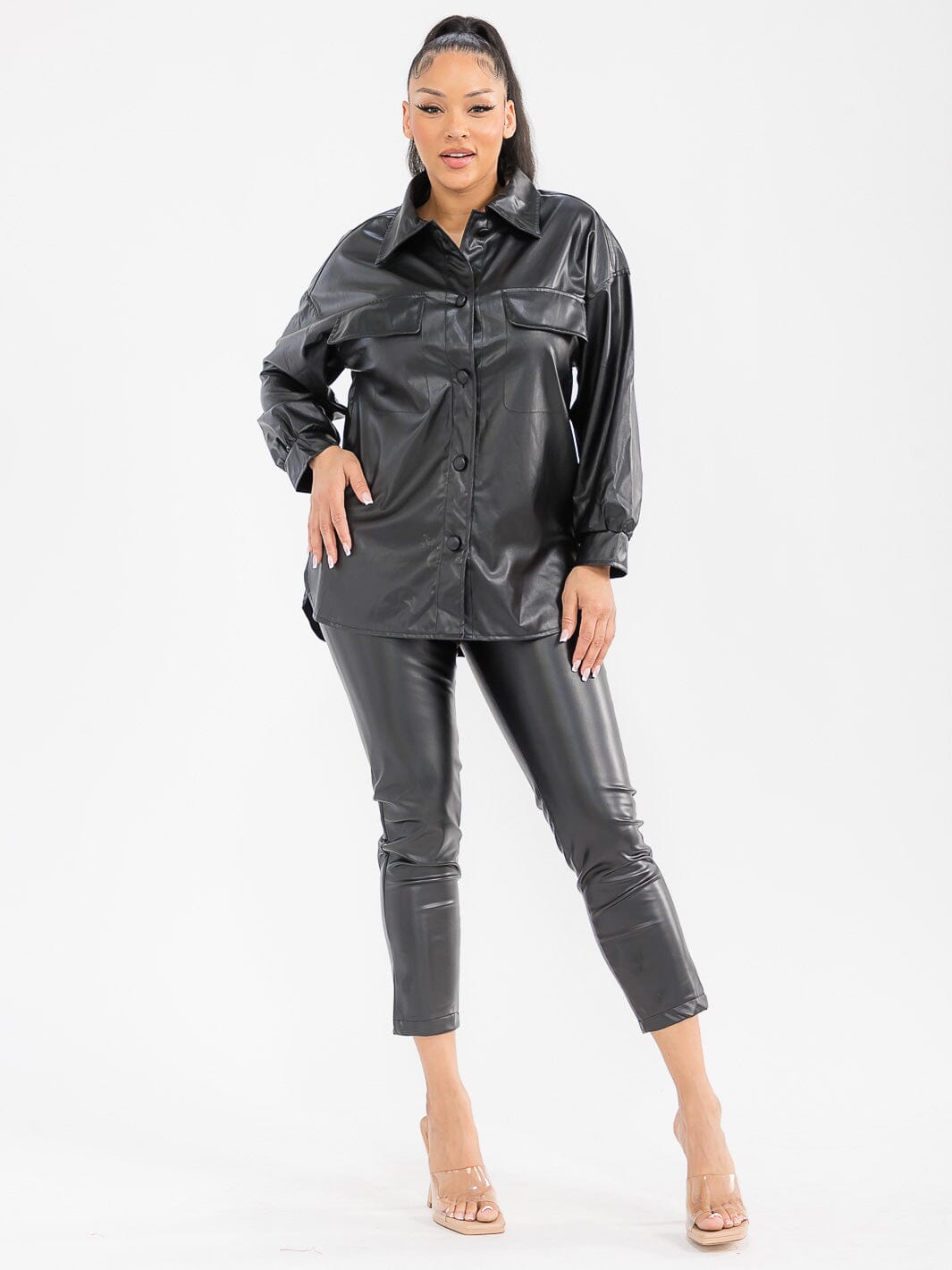 WOMEN'S LONG SLEEVE BUTTON UP PU PLEATHER TOP