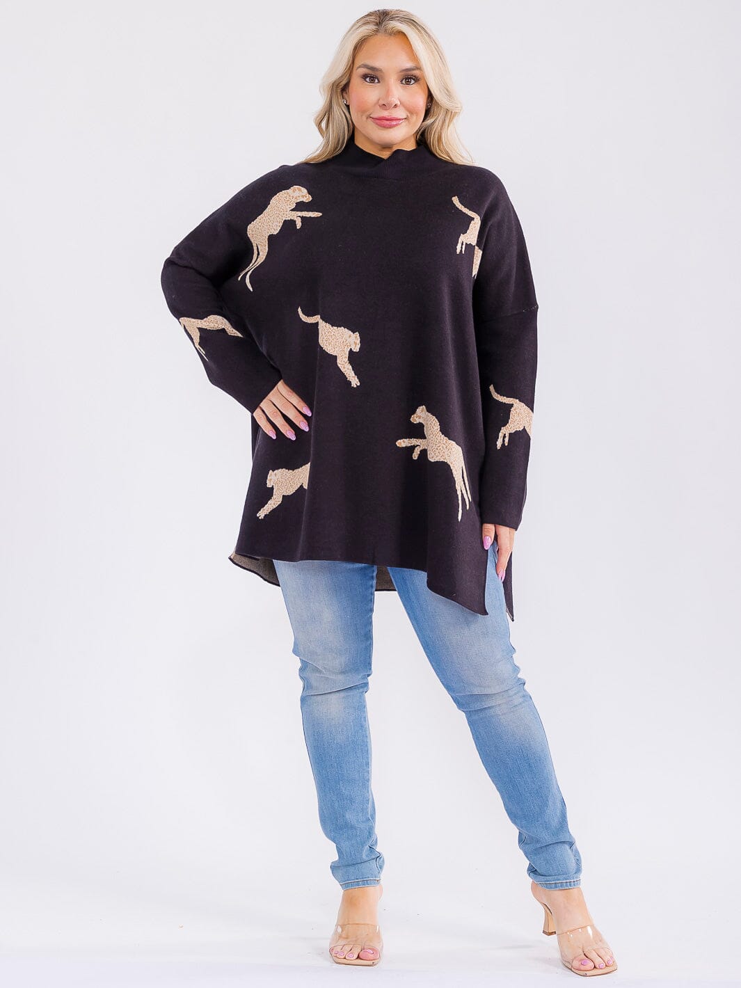 PLUS SIZE LONG SLEEVE MOCK NECK GRAPHIC PULLOVER OVERSIZED SWEATER