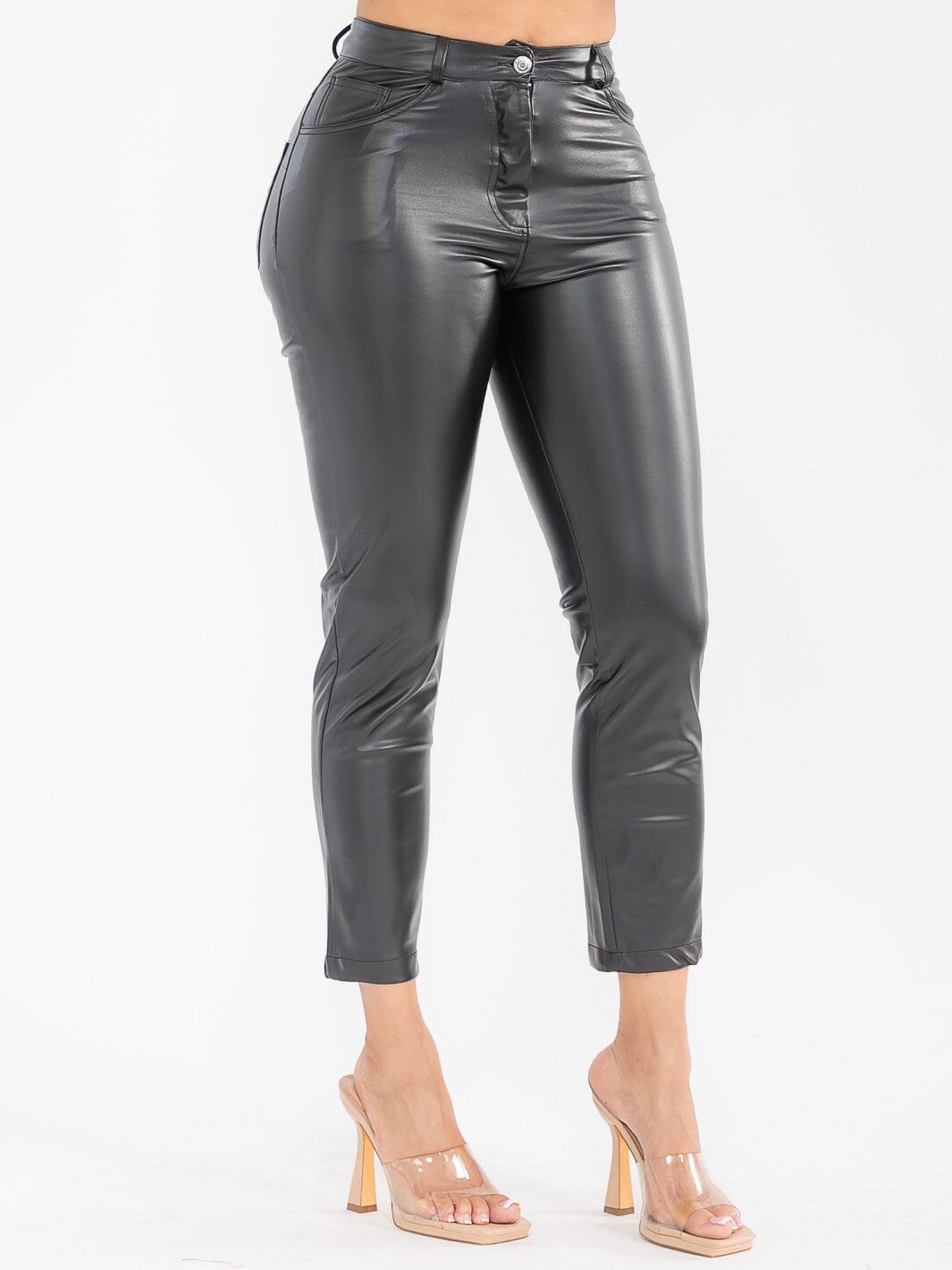 WOMEN'S BUTTON CLOSURE POCKETS PU PLEATHER SKINNY PANTS
