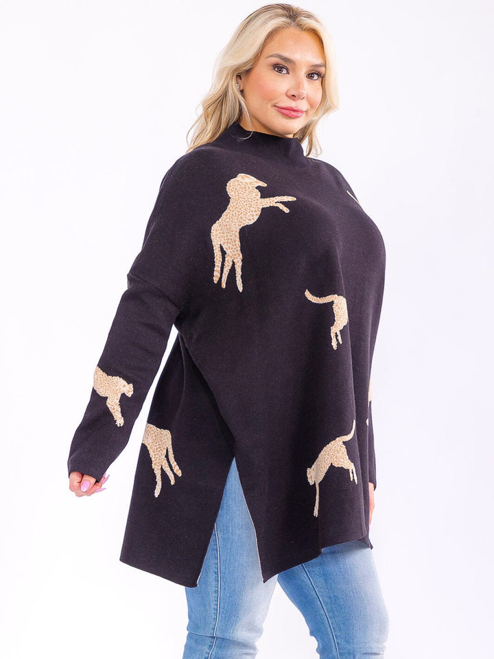 PLUS SIZE LONG SLEEVE MOCK NECK GRAPHIC PULLOVER OVERSIZED SWEATER