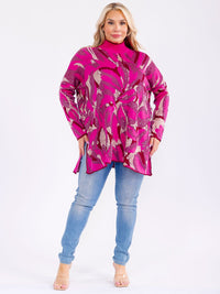 PLUS SIZE LONG SLEEVE MOCK NECK SHIMMER MULTI PRINT PULLOVER BLOUSE