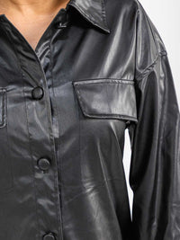 WOMEN'S LONG SLEEVE BUTTON UP PU PLEATHER TOP