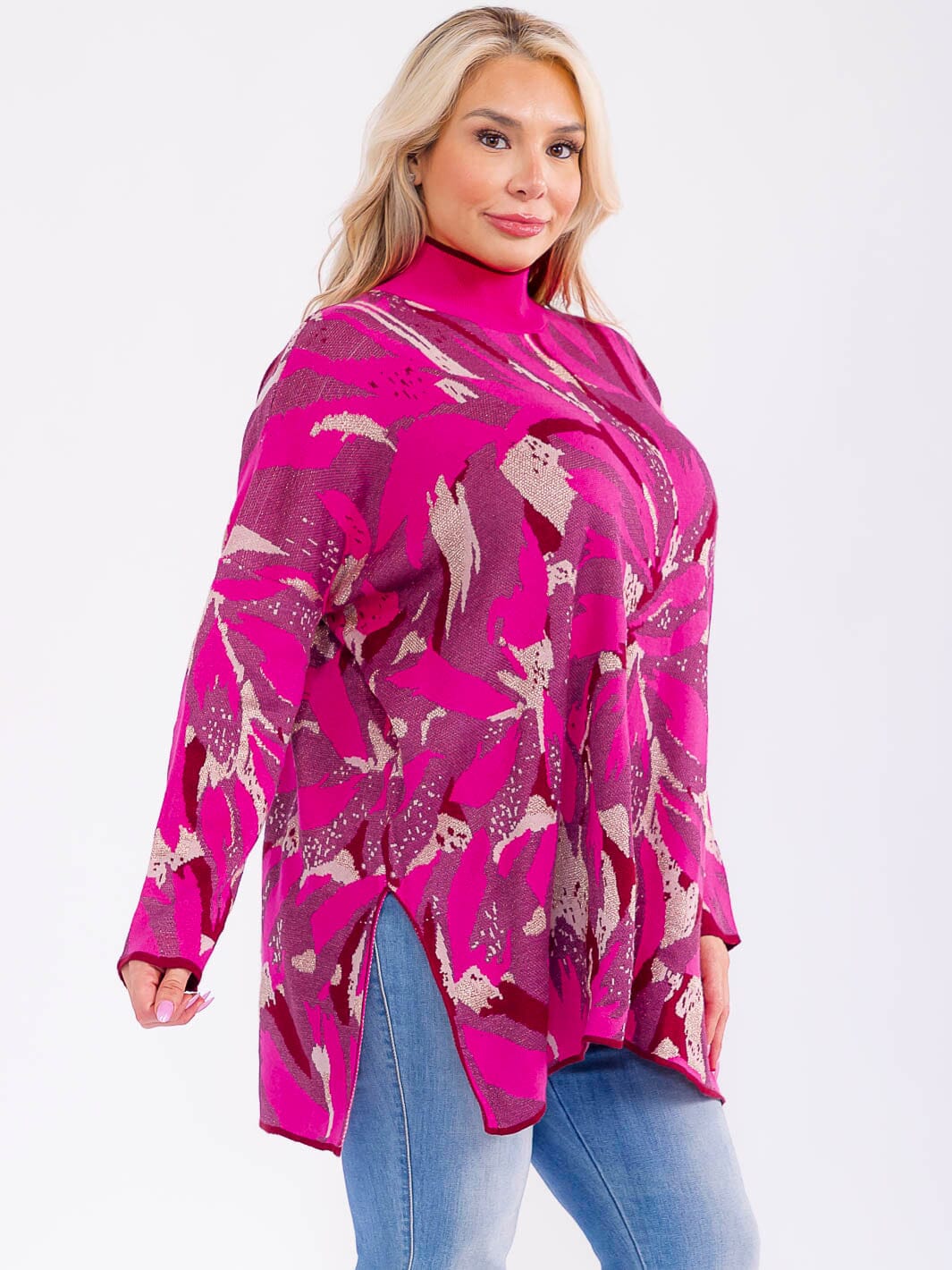 PLUS SIZE LONG SLEEVE MOCK NECK SHIMMER MULTI PRINT PULLOVER BLOUSE