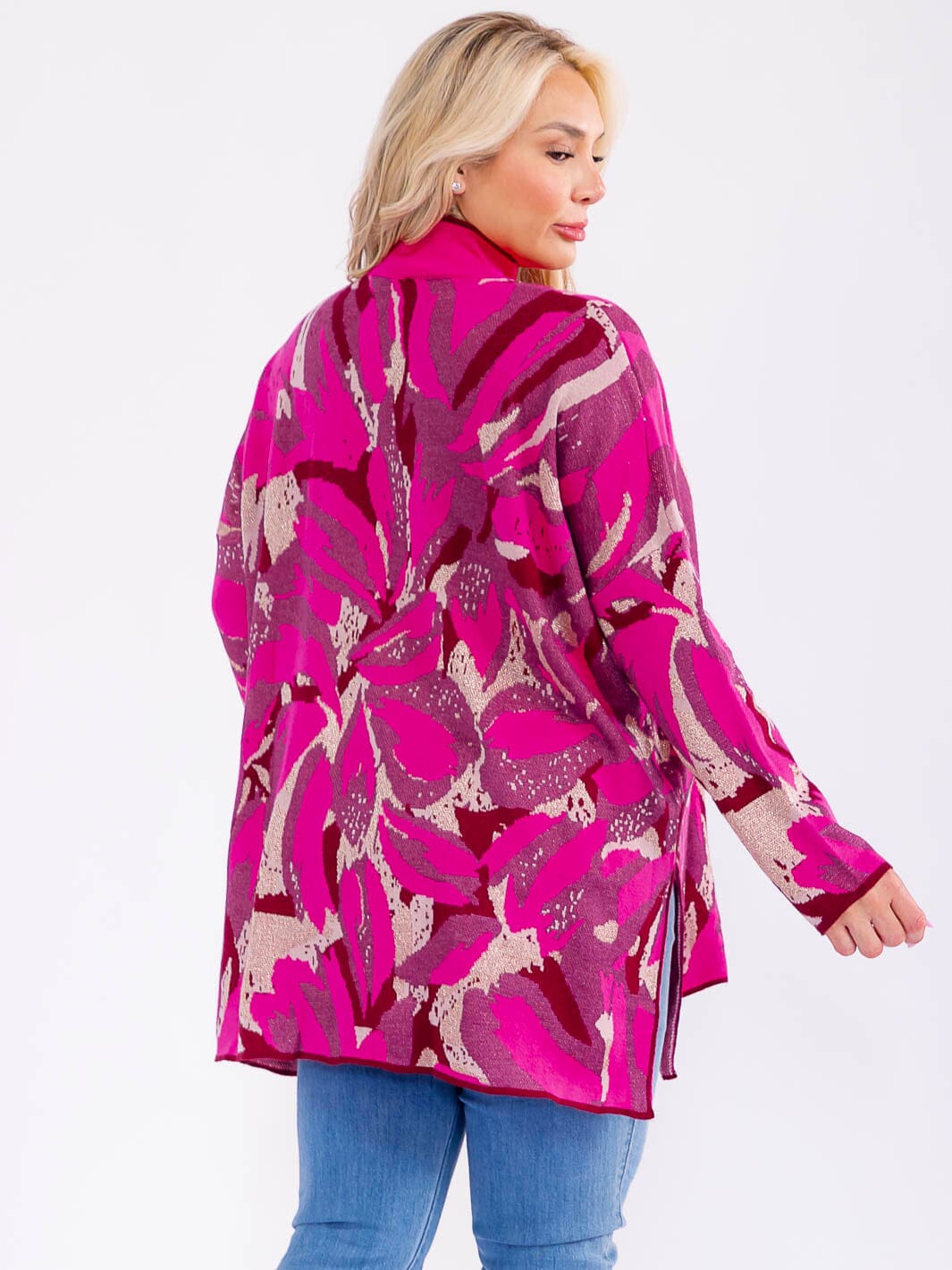 PLUS SIZE LONG SLEEVE MOCK NECK SHIMMER MULTI PRINT PULLOVER BLOUSE