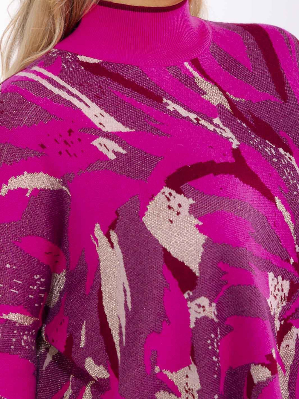 PLUS SIZE LONG SLEEVE MOCK NECK SHIMMER MULTI PRINT PULLOVER BLOUSE