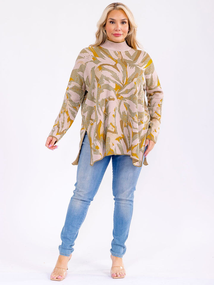 PLUS SIZE LONG SLEEVE MOCK NECK SHIMMER MULTI PRINT PULLOVER BLOUSE