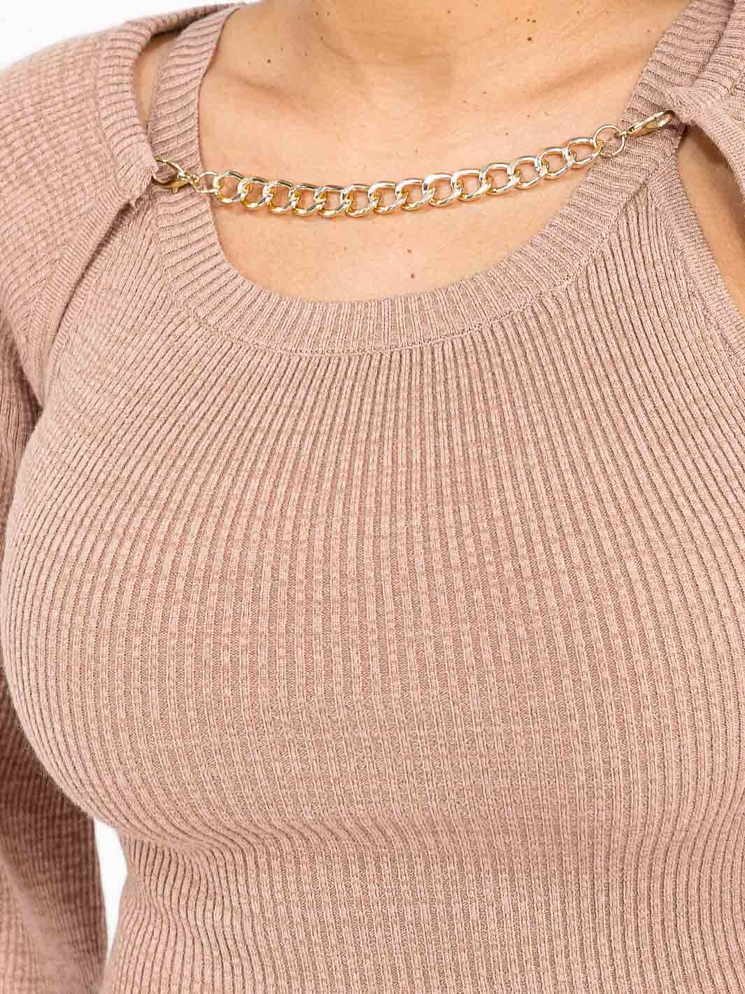 WOMEN'S REMOVABLE LONG SLEEVE RIBBED BODYCON MIDI DRESS