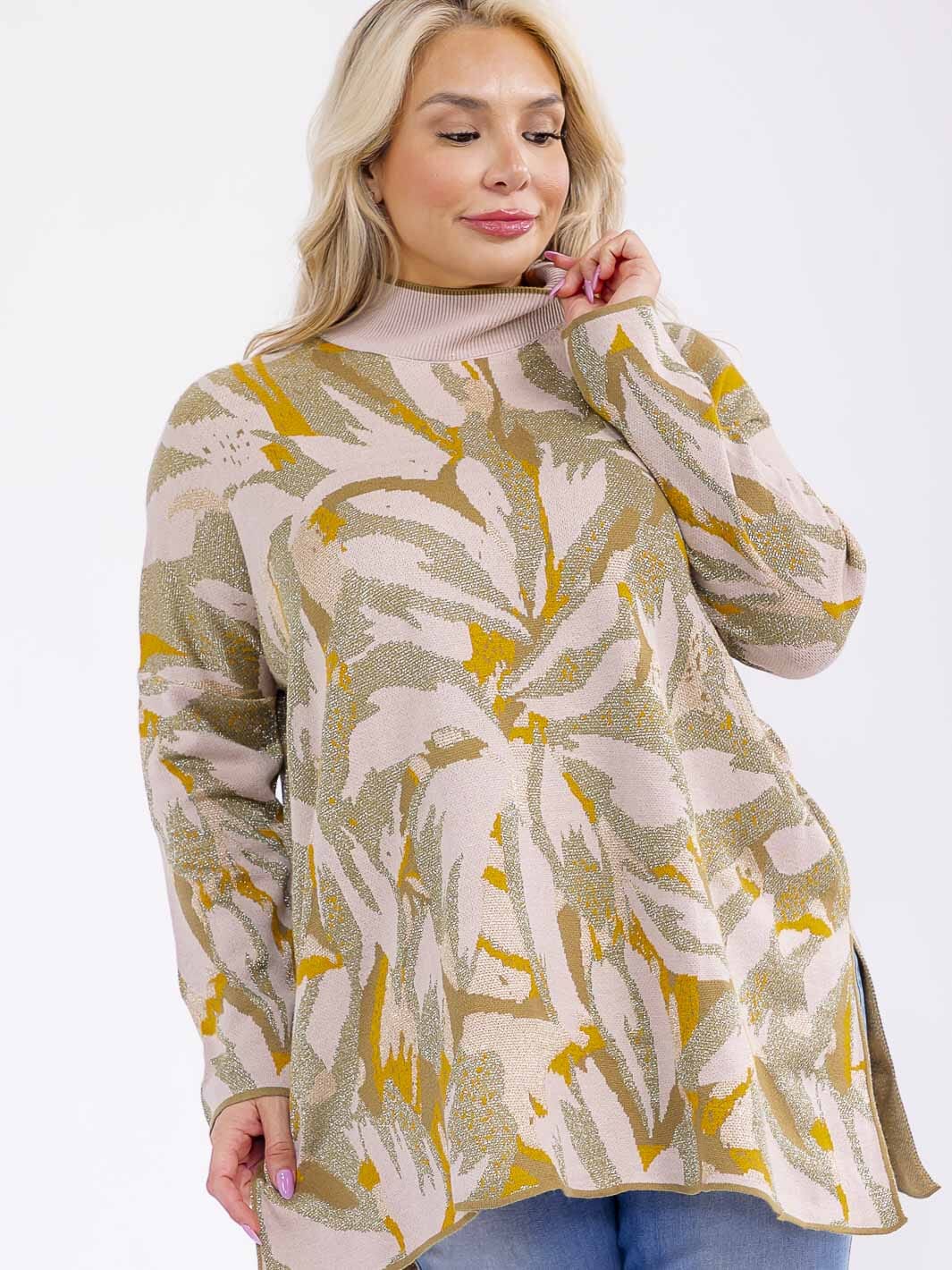 PLUS SIZE LONG SLEEVE MOCK NECK SHIMMER MULTI PRINT PULLOVER BLOUSE