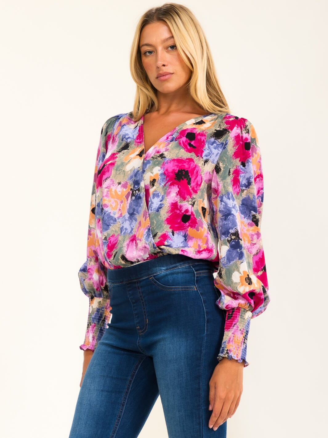 WOMEN'S LONG SLEEVE SURPLICE FLORAL BODYSUIT
