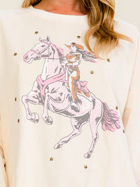 WOMEN'S LONG SLEEVE COWGIRL PRINT PULLOVER SWEATER
