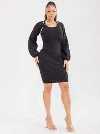WOMEN'S REMOVABLE LONG SLEEVE RIBBED BODYCON MIDI DRESS