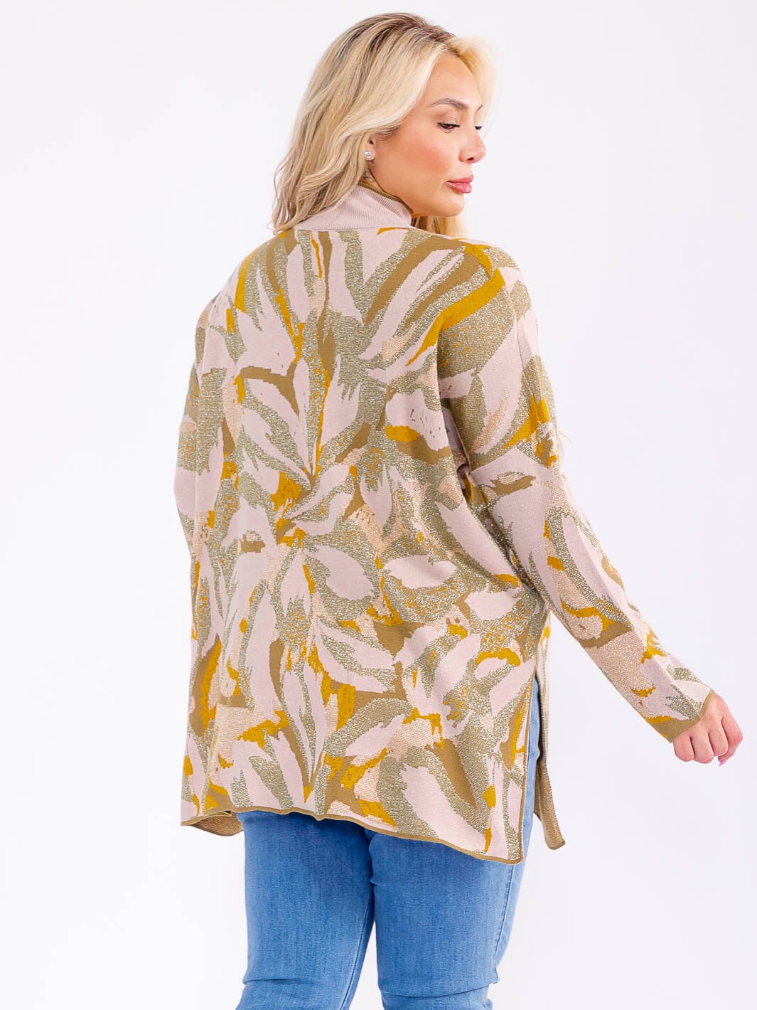 PLUS SIZE LONG SLEEVE MOCK NECK SHIMMER MULTI PRINT PULLOVER BLOUSE