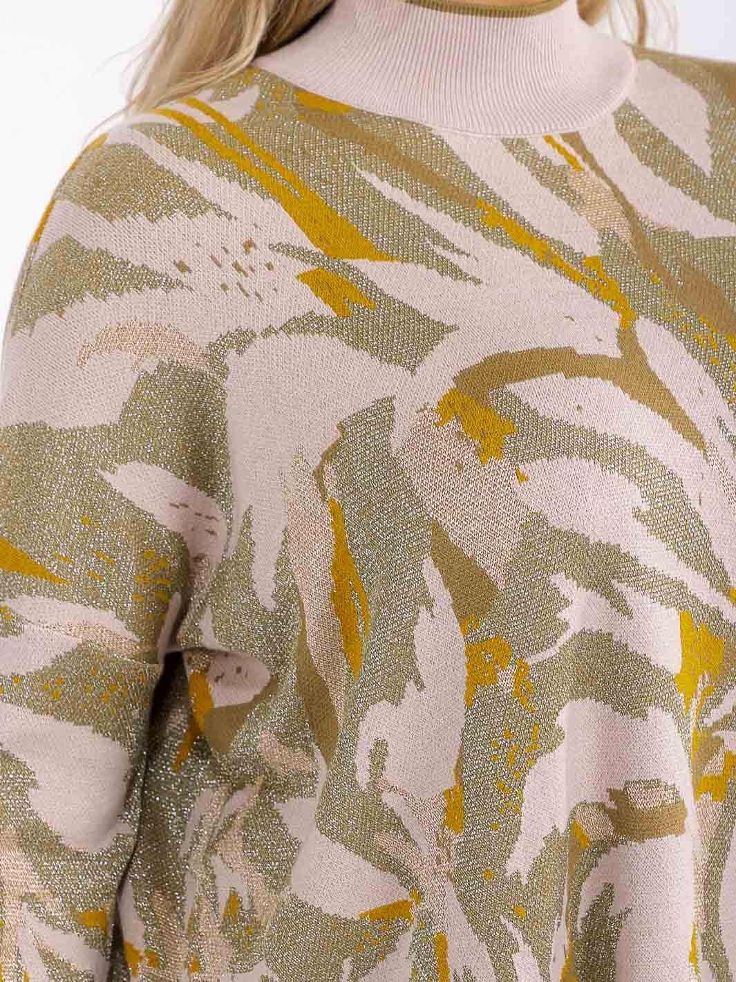 PLUS SIZE LONG SLEEVE MOCK NECK SHIMMER MULTI PRINT PULLOVER BLOUSE