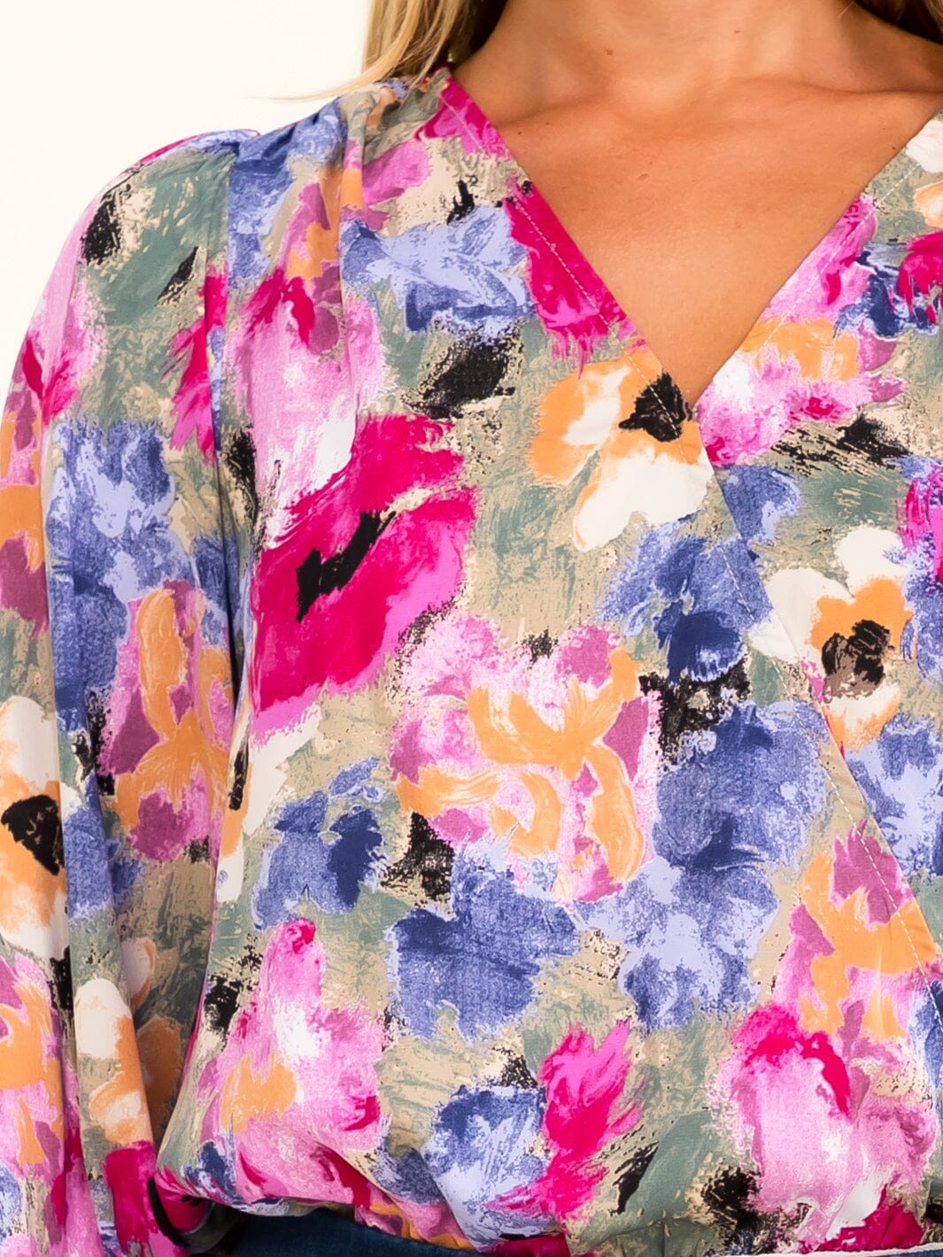 WOMEN'S LONG SLEEVE SURPLICE FLORAL BODYSUIT