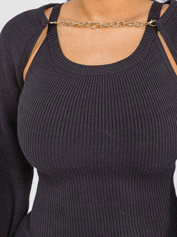 WOMEN'S REMOVABLE LONG SLEEVE RIBBED BODYCON MIDI DRESS