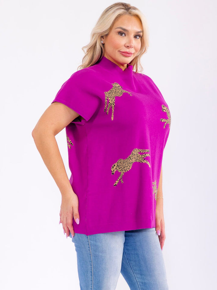 PLUS SIZE SHORT SLEEVE MOCK NECK GRAPHIC TOP