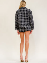 WOMEN'S LONG SLEEVE JACKET & BUTTON CLOSURE MINI SHORTS DENIM PLAID 2PC. SET