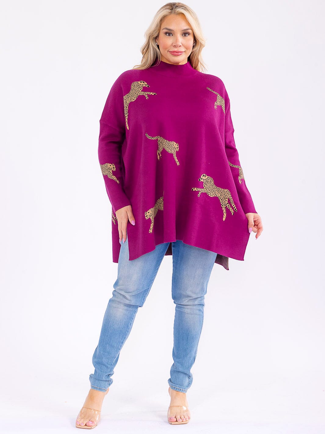 PLUS SIZE LONG SLEEVE MOCK NECK GRAPHIC PULLOVER OVERSIZED SWEATER