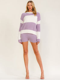 WOMEN'S LONG SLEEVE SWEATER & ELASTIC WAIST SHORTS COLORBLOCK STRIPES 2PC. SET