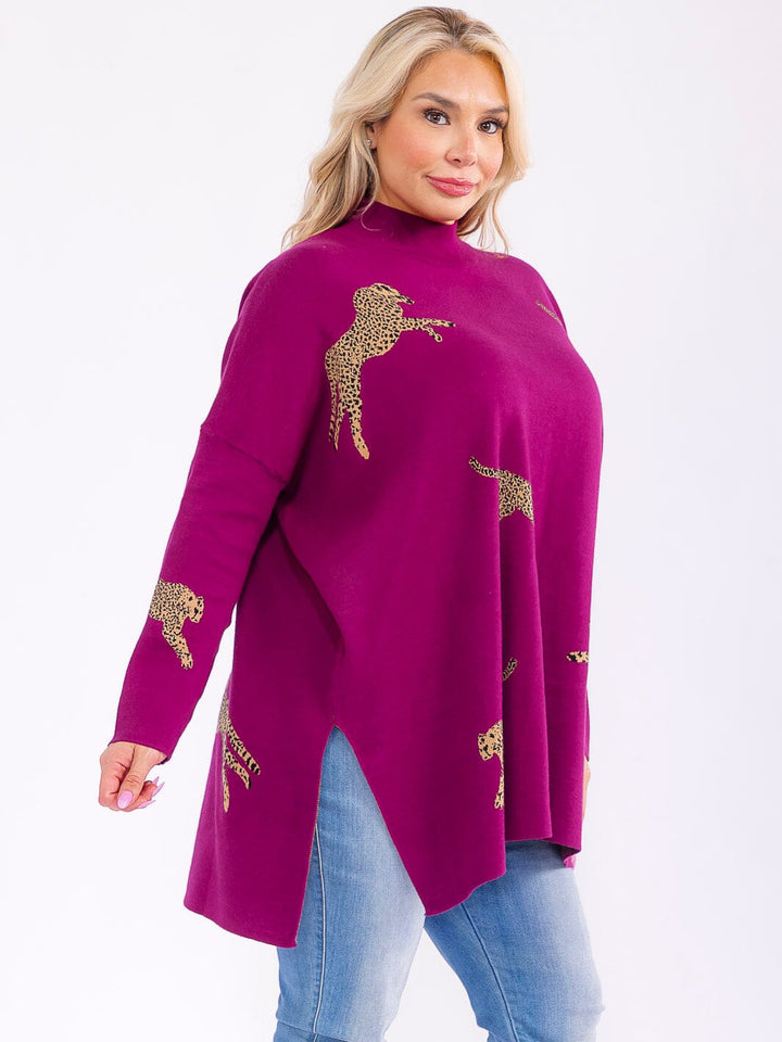 PLUS SIZE LONG SLEEVE MOCK NECK GRAPHIC PULLOVER OVERSIZED SWEATER