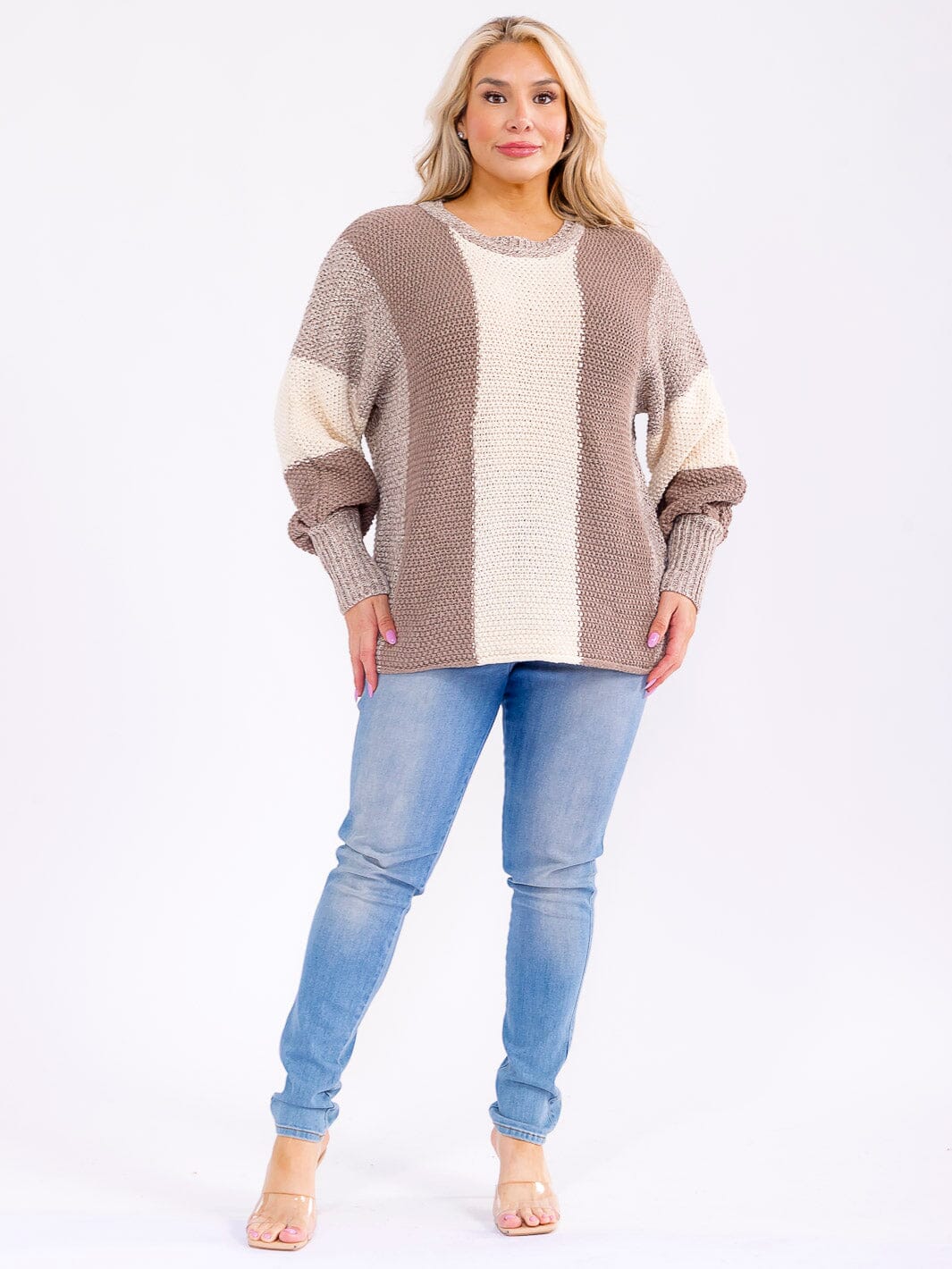 PLUS SIZE LONG SLEEVE COLORBLOCK KNIT PULLOVER SWEATER