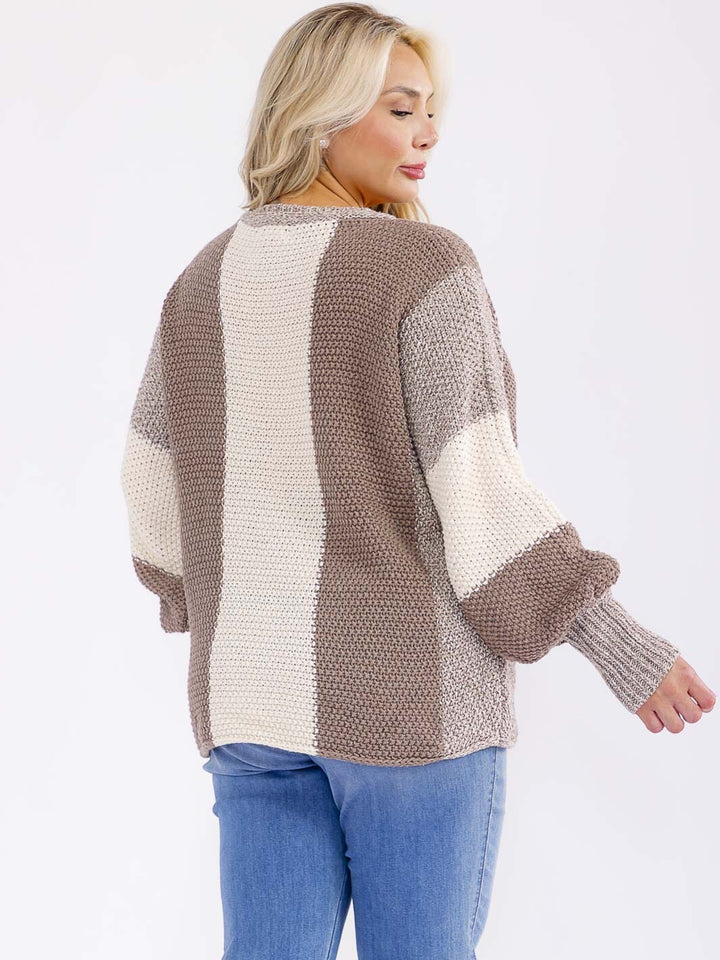PLUS SIZE LONG SLEEVE COLORBLOCK KNIT PULLOVER SWEATER