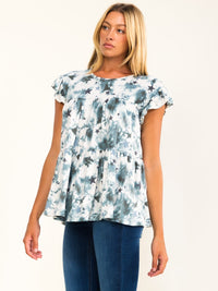 ENTRO WOMEN'S SHORT RUFFLE SLEEVE TIE DYE TUNIC BLOUSE