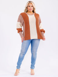 PLUS SIZE LONG SLEEVE COLORBLOCK KNIT PULLOVER SWEATER