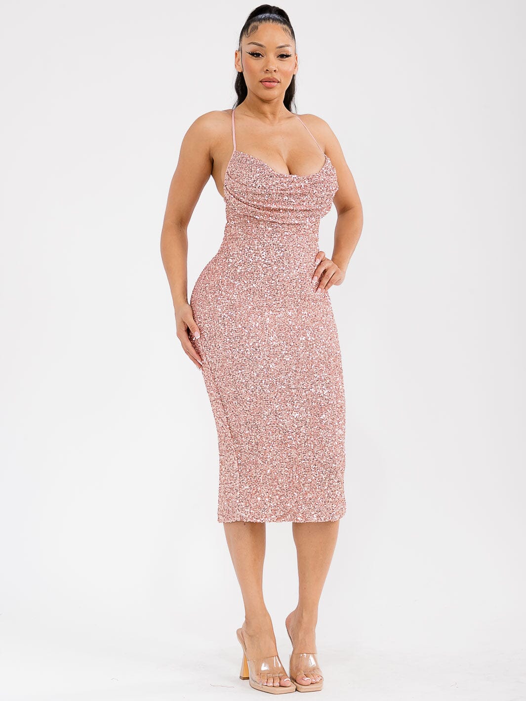 WOMEN'S SLEEVELESS OPEN BACK SEQUINS BODYCON MIDI DRESS