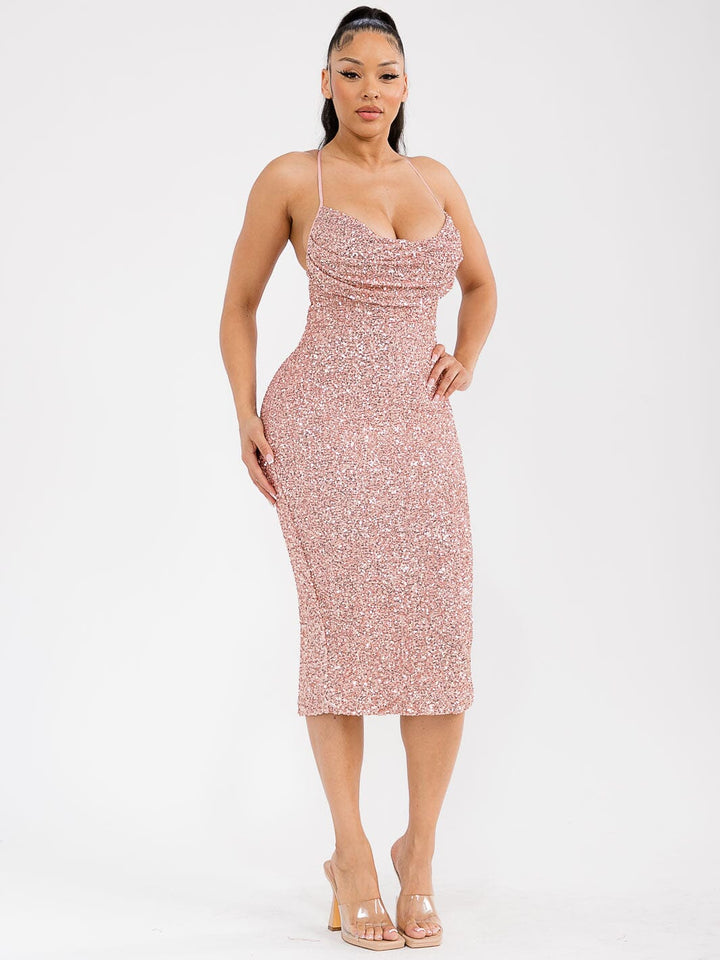 WOMEN'S SLEEVELESS OPEN BACK SEQUINS BODYCON MIDI DRESS