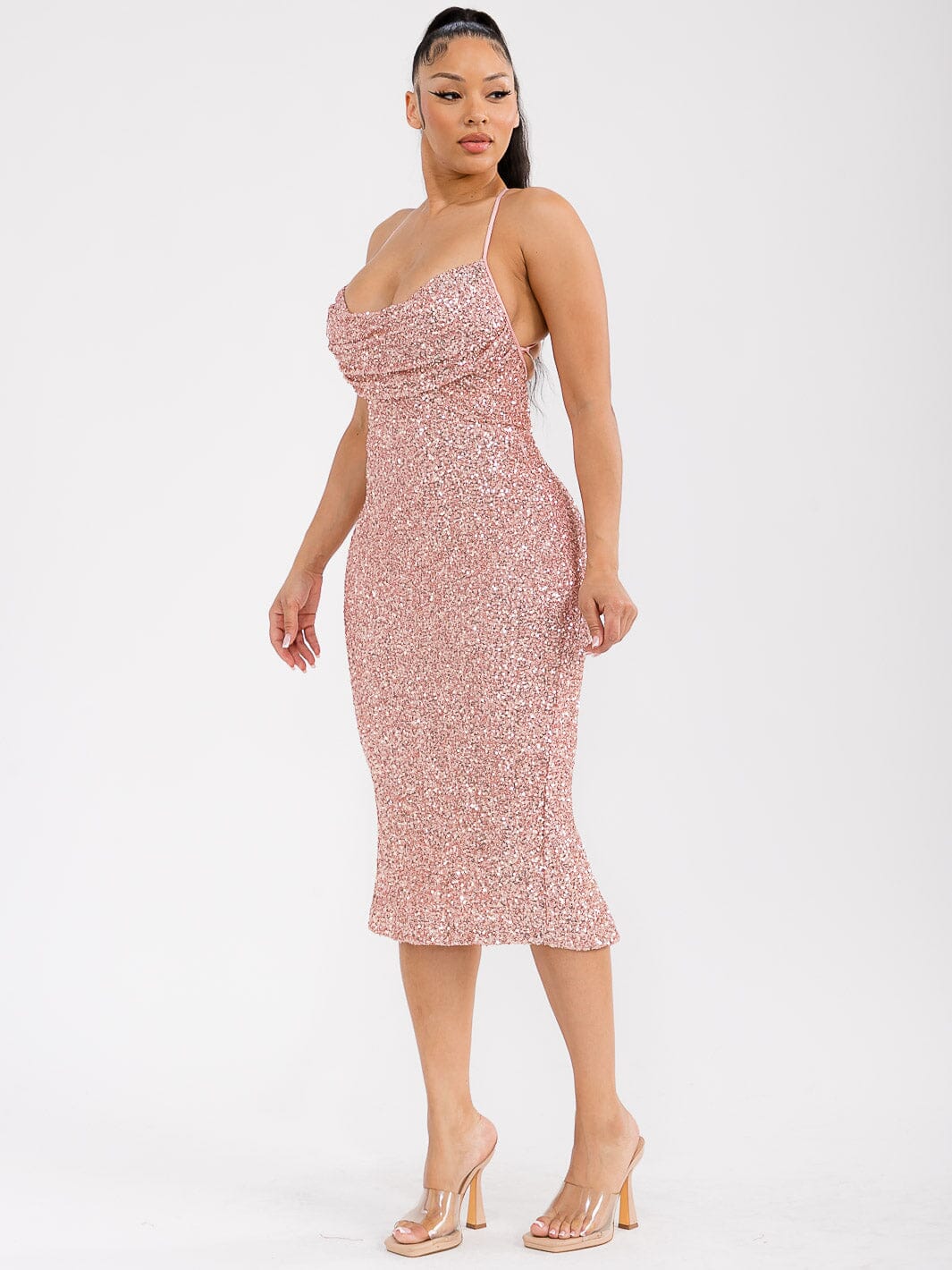 WOMEN'S SLEEVELESS OPEN BACK SEQUINS BODYCON MIDI DRESS