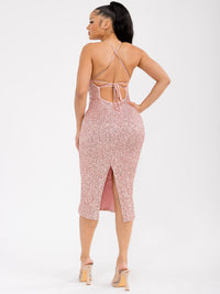 WOMEN'S SLEEVELESS OPEN BACK SEQUINS BODYCON MIDI DRESS