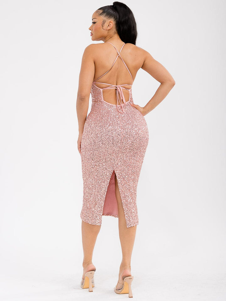 WOMEN'S SLEEVELESS OPEN BACK SEQUINS BODYCON MIDI DRESS