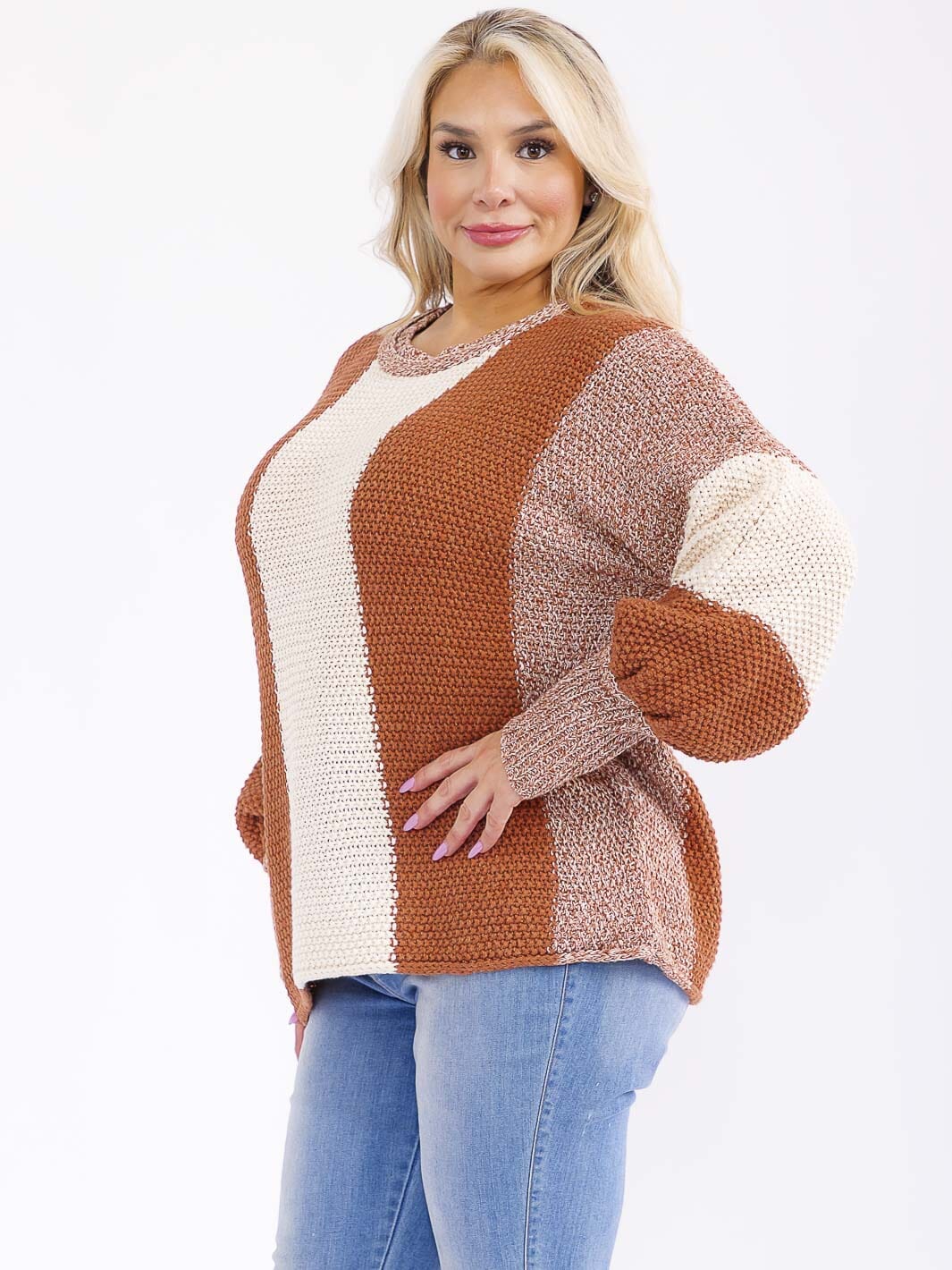 PLUS SIZE LONG SLEEVE COLORBLOCK KNIT PULLOVER SWEATER