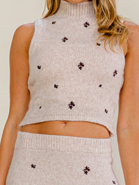 WOMEN'S SLEEVELESS TURTLE NECK TOP & ELASTIC WAIST WIDE MAXI SKIRT EMBROIDERY DETAILED 2PC. SET
