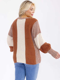PLUS SIZE LONG SLEEVE COLORBLOCK KNIT PULLOVER SWEATER