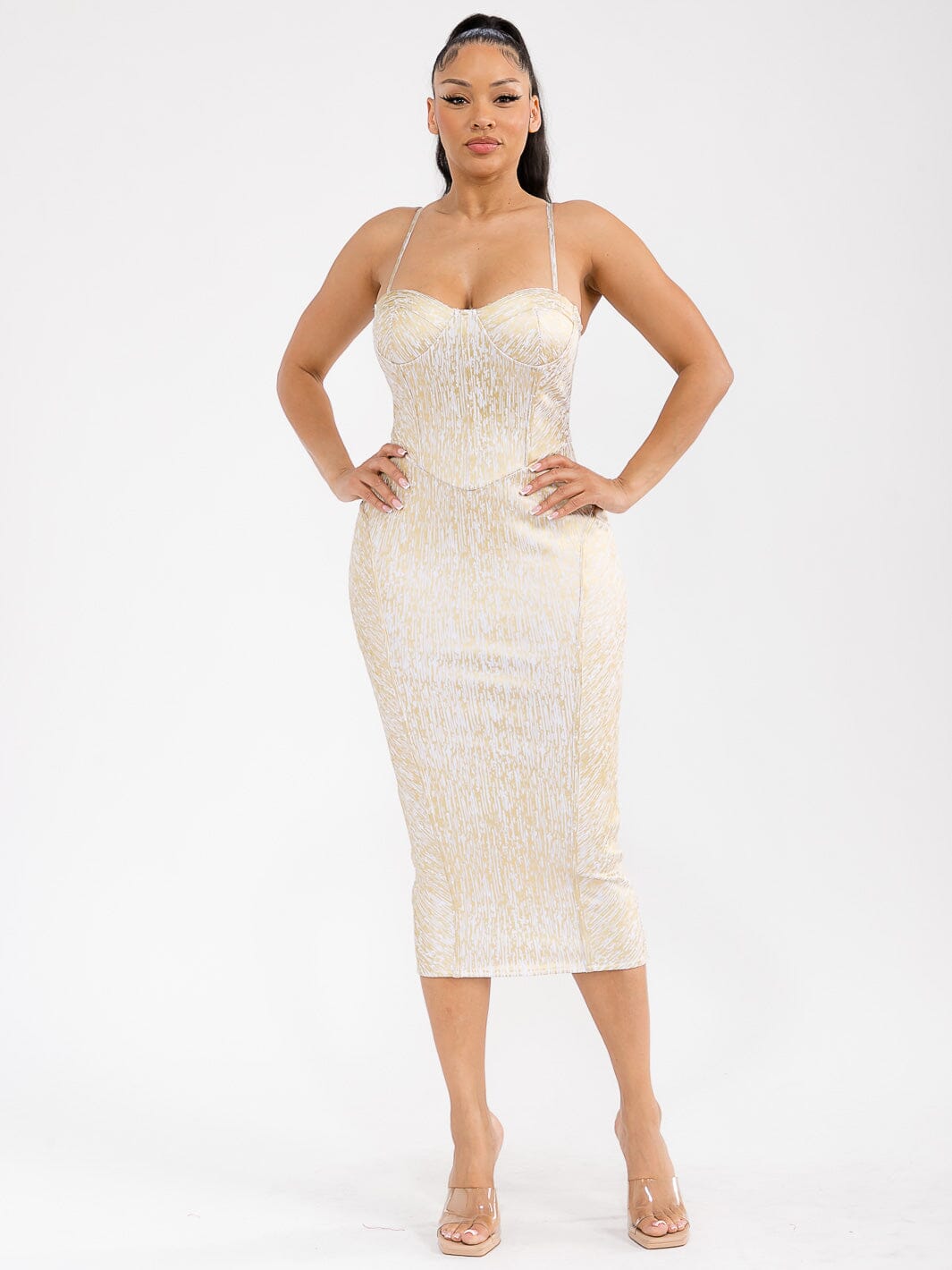 WOMEN'S SLEEVELESS BANDAGE SHIMMER BODYCON MIDI DRESS