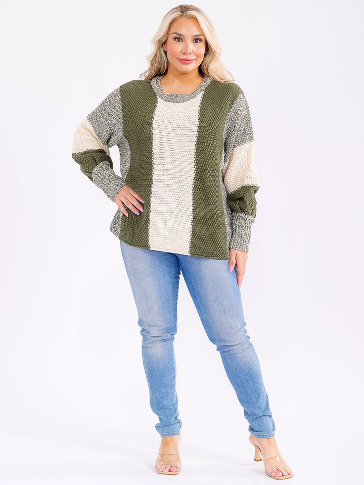 PLUS SIZE LONG SLEEVE COLORBLOCK KNIT PULLOVER SWEATER