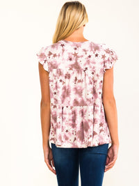 ENTRO WOMEN'S SHORT RUFFLE SLEEVE TIE DYE TUNIC BLOUSE