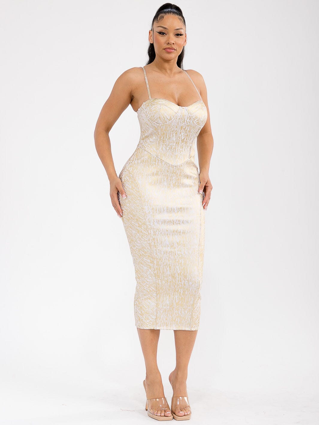 WOMEN'S SLEEVELESS BANDAGE SHIMMER BODYCON MIDI DRESS