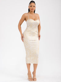 WOMEN'S SLEEVELESS BANDAGE SHIMMER BODYCON MIDI DRESS