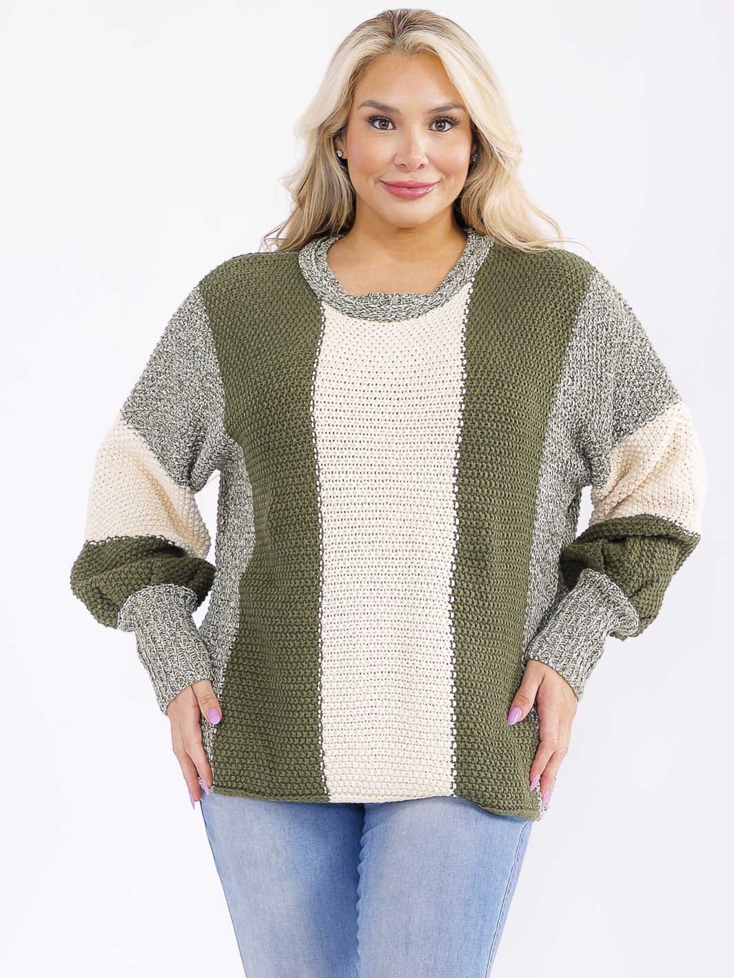 PLUS SIZE LONG SLEEVE COLORBLOCK KNIT PULLOVER SWEATER