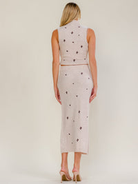 WOMEN'S SLEEVELESS TURTLE NECK TOP & ELASTIC WAIST WIDE MAXI SKIRT EMBROIDERY DETAILED 2PC. SET