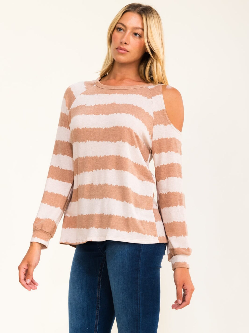 ENTRO WOMEN'S LONG SLEEVE COLD SHOULDER COLORBLOCK STRIPES TOP