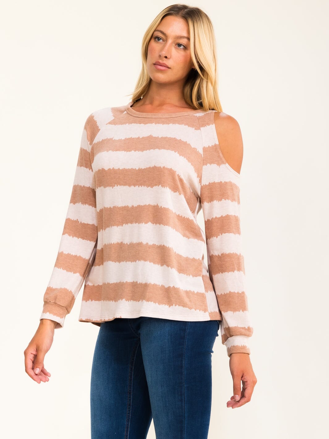 ENTRO WOMEN'S LONG SLEEVE COLD SHOULDER COLORBLOCK STRIPES TOP