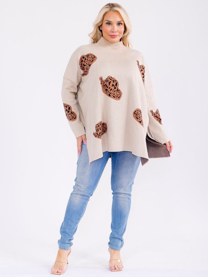 PLUS SIZE LONG SLEEVE MOCK NECK GRAPHIC PULLOVER OVERSIZED SWEATER